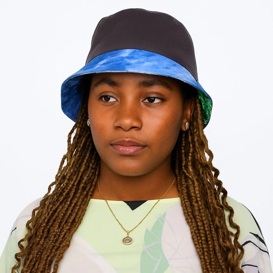 Brown Bucket Hat, African Kente and Adire Print Reversible Double-sided Bucket Cap