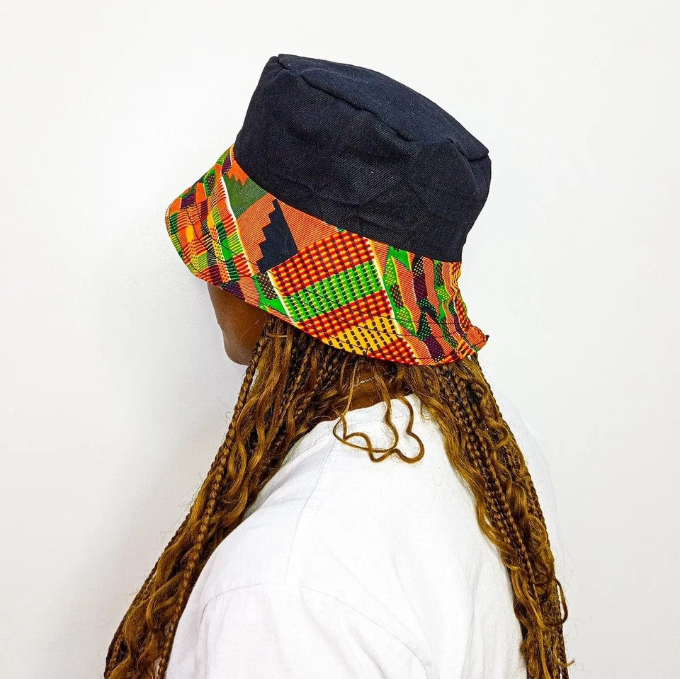 Black Bucket Hat, African Kente and Adire Print Reversible Double-sided Bucket Cap