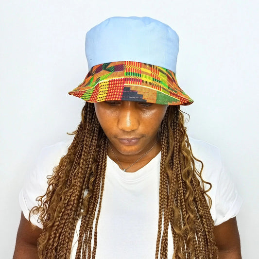 Sky-blue Bucket Hat, African Kente and Adire Print Reversible Double-sided Bucket Cap