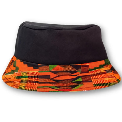 Black Bucket Hat, African Kente and Adire Print Reversible Double-sided Bucket Cap