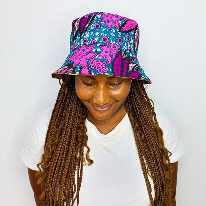 Black Bucket Hat, African Kente and Adire Print Reversible Double-sided Bucket Cap