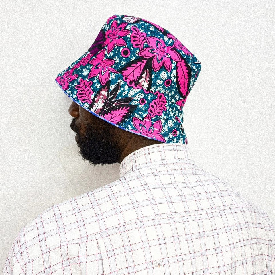 Black Bucket Hat, African Kente and Adire Print Reversible Double-sided Bucket Cap