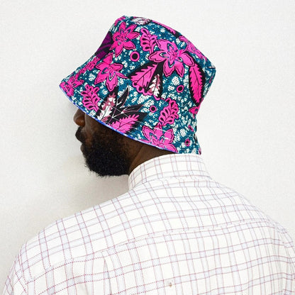 Black Bucket Hat, African Kente and Adire Print Reversible Double-sided Bucket Cap
