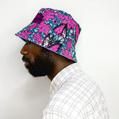 Black Bucket Hat, African Kente and Adire Print Reversible Double-sided Bucket Cap