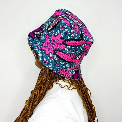 Black Bucket Hat, African Kente and Adire Print Reversible Double-sided Bucket Cap