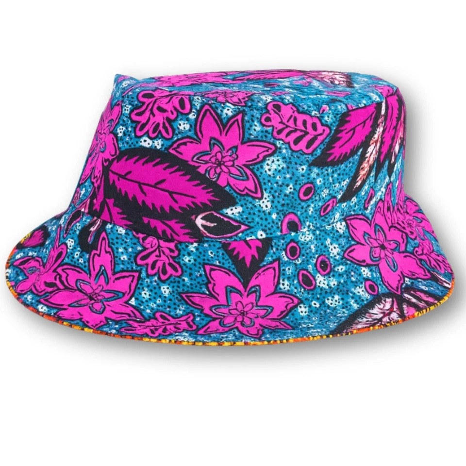 Black Bucket Hat, African Kente and Adire Print Reversible Double-sided Bucket Cap