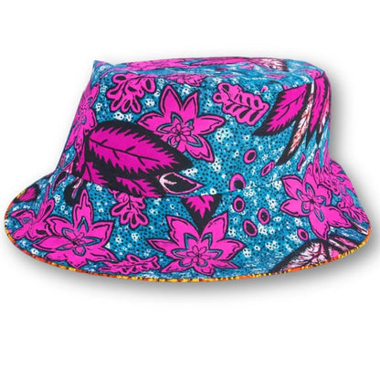 Black Bucket Hat, African Kente and Adire Print Reversible Double-sided Bucket Cap