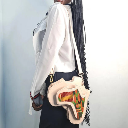 Leather Africa Map Shaped Crossbody Bag | Kente Print Shoulder Women Men Bag