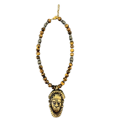 Benin Mask Pendant Beaded Necklace - Handmade Brown Beaded Ethnic Jewelry