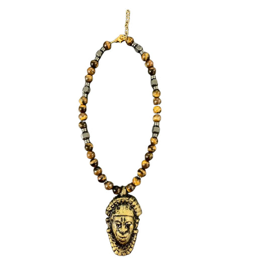 Benin Mask Pendant Beaded Necklace - Handmade Brown Beaded Ethnic Jewelry