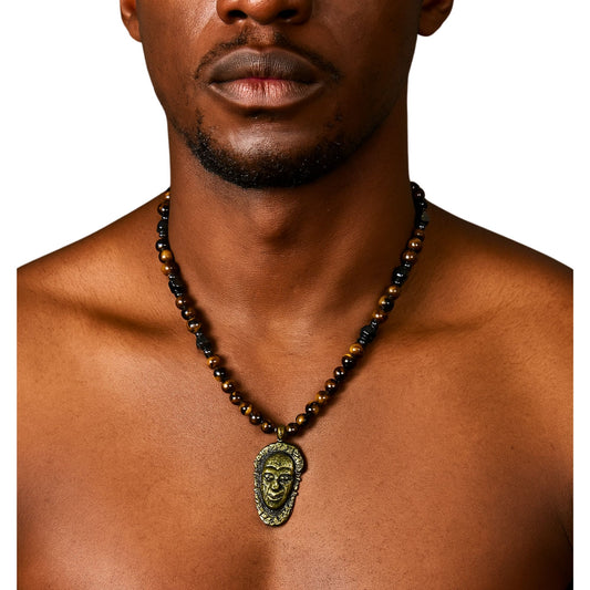Benin Mask Pendant Beaded Necklace - Handmade Brown Beaded Ethnic Jewelry