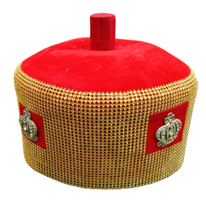 Red Chieftaincy Ichie Ozo Traditional Cap, Gold and Silver African Decorated Wedding Hats