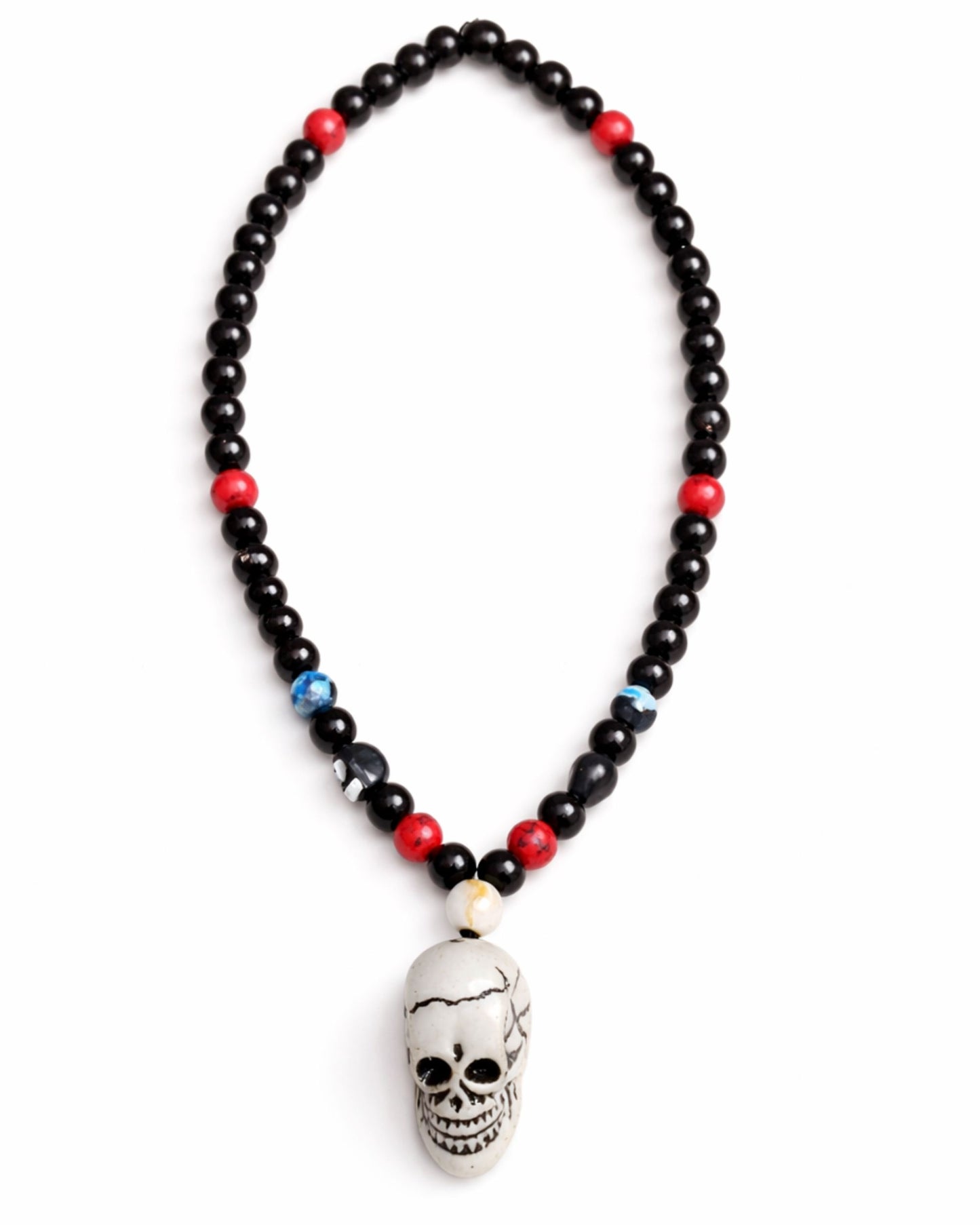 Black Beaded Human Skull Pendant Necklace and 2 Bracelet Set - Gothic Statement Jewelry for Men & Women
