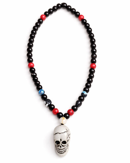 Black Beaded Human Skull Pendant Necklace and 2 Bracelet Set - Gothic Statement Jewelry for Men & Women