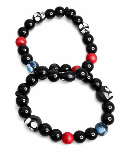 Black Beaded Human Skull Pendant Necklace and 2 Bracelet Set - Gothic Statement Jewelry for Men & Women