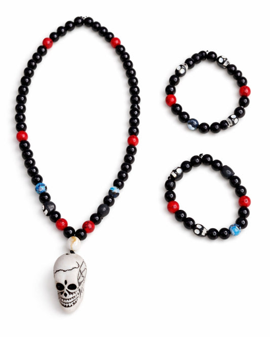 Black Beaded Human Skull Pendant Necklace and 2 Bracelet Set - Gothic Statement Jewelry for Men & Women