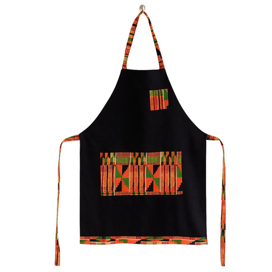 African Kente Print Apron, Black Kitchen Men Women Chef Front Pocket Aprons