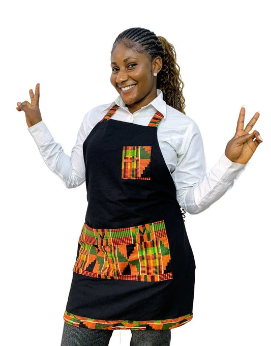 African Kente Print Apron, Black Kitchen Men Women Chef Front Pocket Aprons