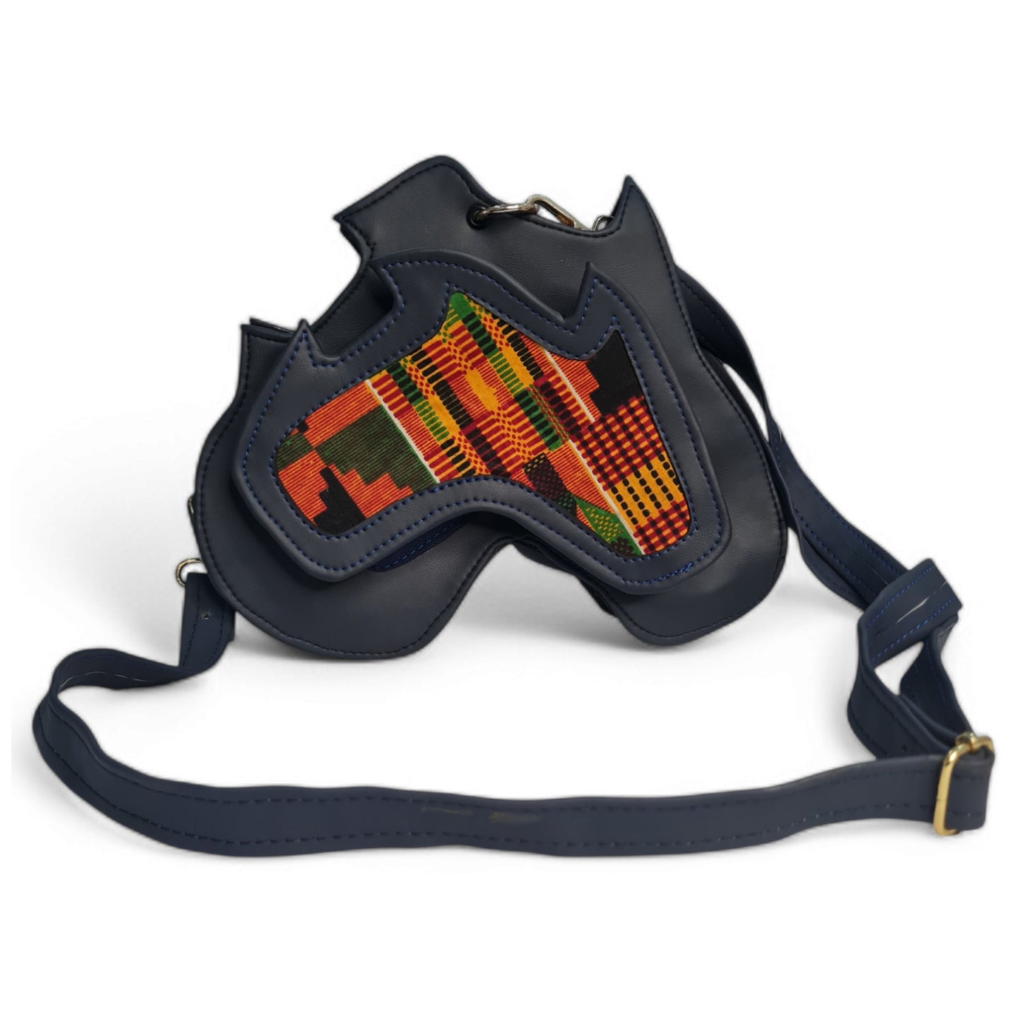 Handmade Africa-Shaped Leather Cross Bag With Zipper | Shoulder Bag with Kente Print, Unisex Bag
