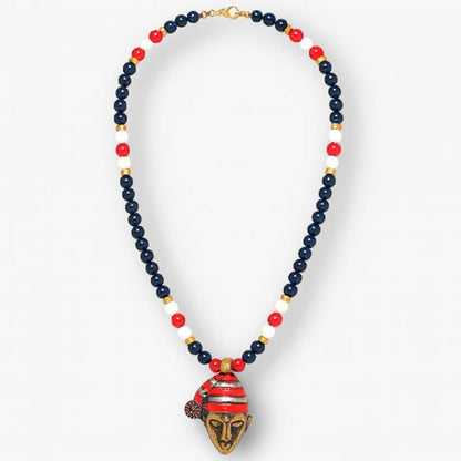 Black White Beaded Necklace, Gold & Silver Face Pendant Men Necklace, African Tribal Jewelry