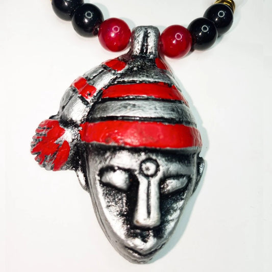 Black White Beaded Necklace, Gold & Silver Face Pendant Men Necklace, African Tribal Jewelry