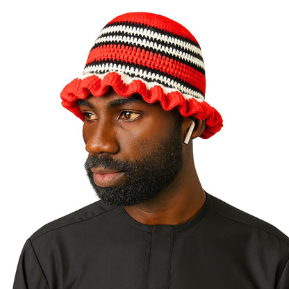 Odumodublvck Cap - Red, Black $ White Knitted Wool Crochet Traditional Bucket Hat