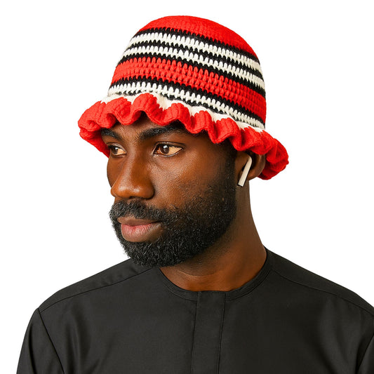 Odumodublvck Cap - Red, Black $ White Knitted Wool Crochet Traditional Bucket Hat
