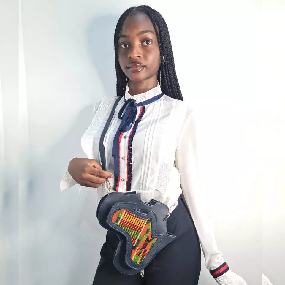 Leather Africa Map Shaped Crossbody Bag | Kente Print Shoulder Women Men Bag