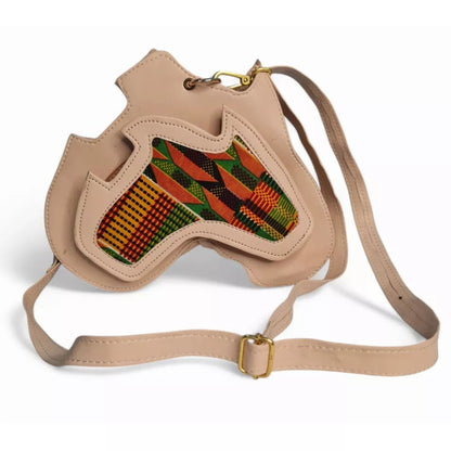 Leather Africa Map Shaped Crossbody Bag | Kente Print Shoulder Women Men Bag