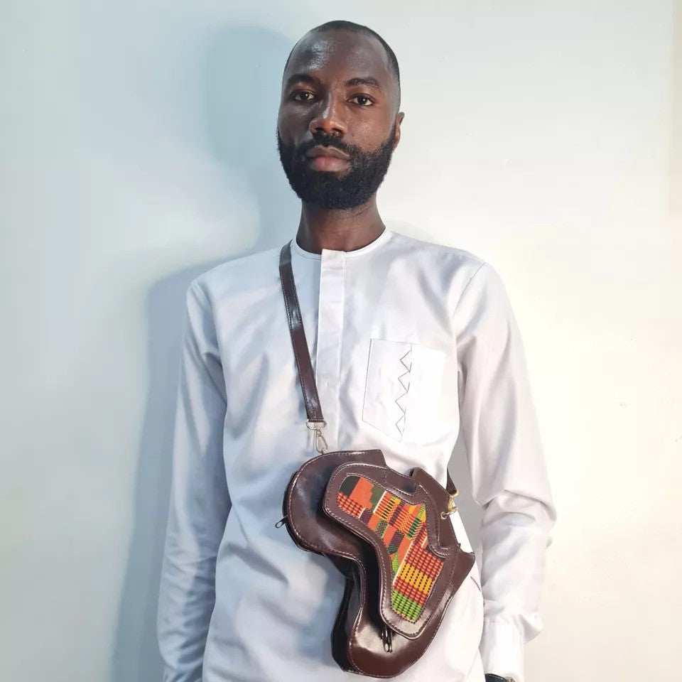 Leather Africa Map Shaped Crossbody Bag | Kente Print Shoulder Women Men Bag