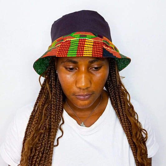 Brown Bucket Hat, African Kente and Adire Print Reversible Double-sided Bucket Cap