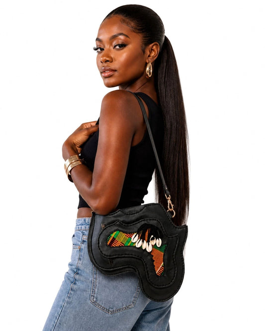 Black Brown African Map Crossbody Bag, Handbag with Kente Print & Cowrie Shell