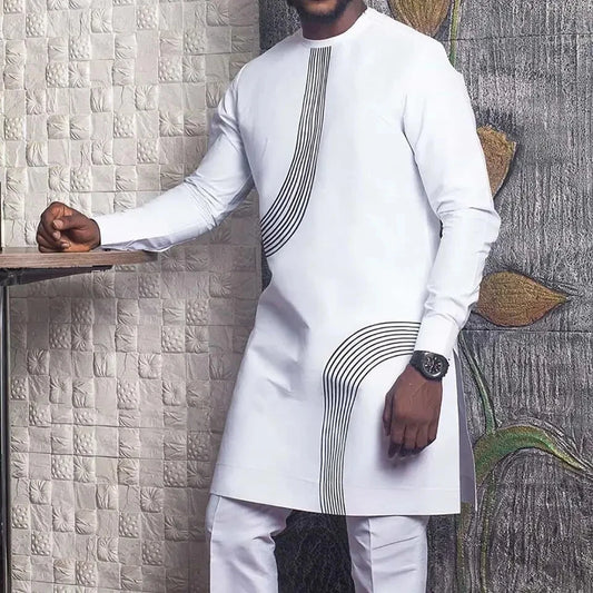 White Men Dashiki, Cotton Round Neck Long Sleeve Shirt Clothing