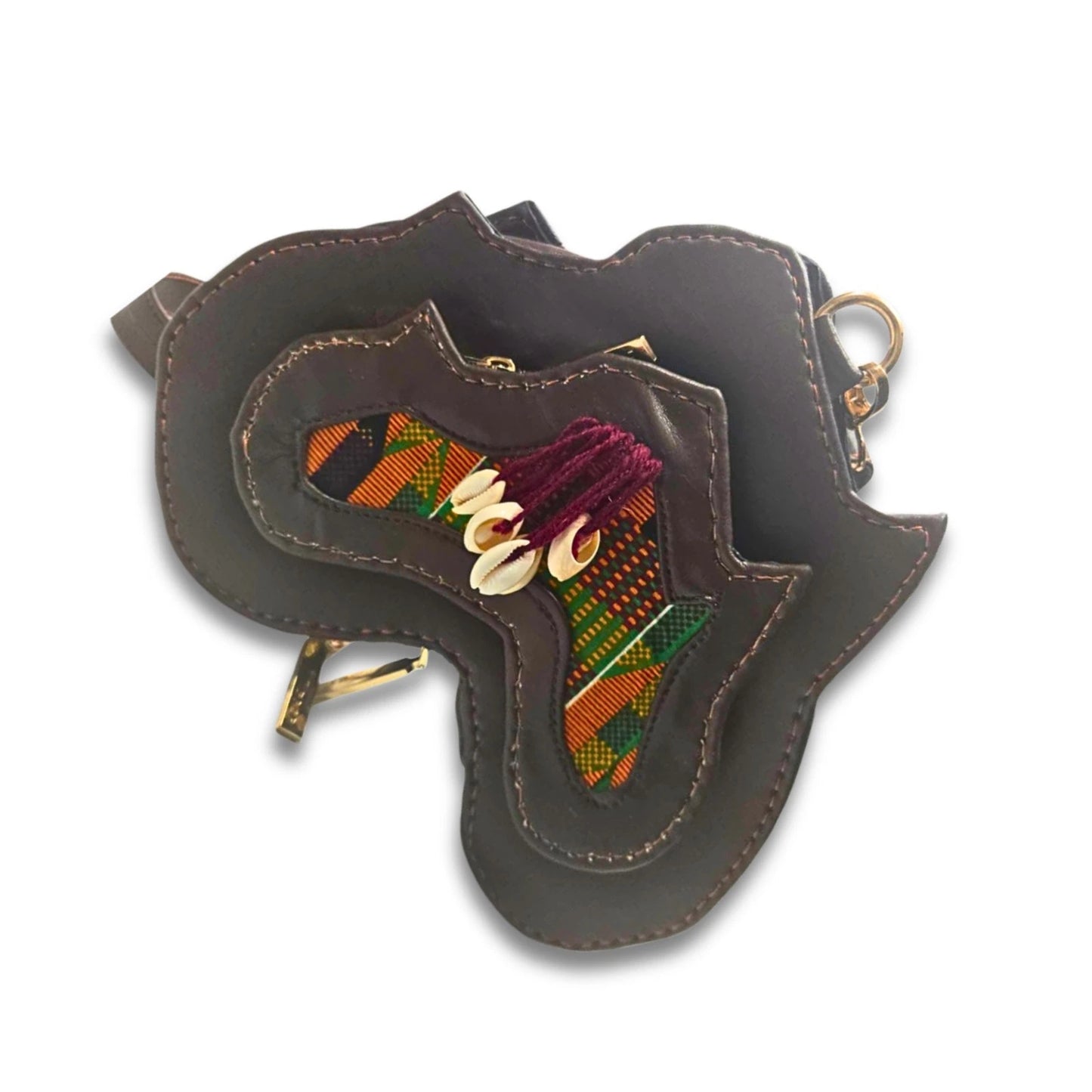 Black Brown African Map Crossbody Bag, Handbag with Kente Print & Cowrie Shell