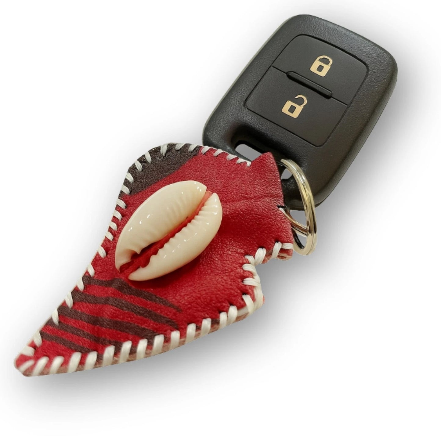 Genuine Leather Keychain with Cowrie Shell Accessory, Souvenir Keyring Keyholder