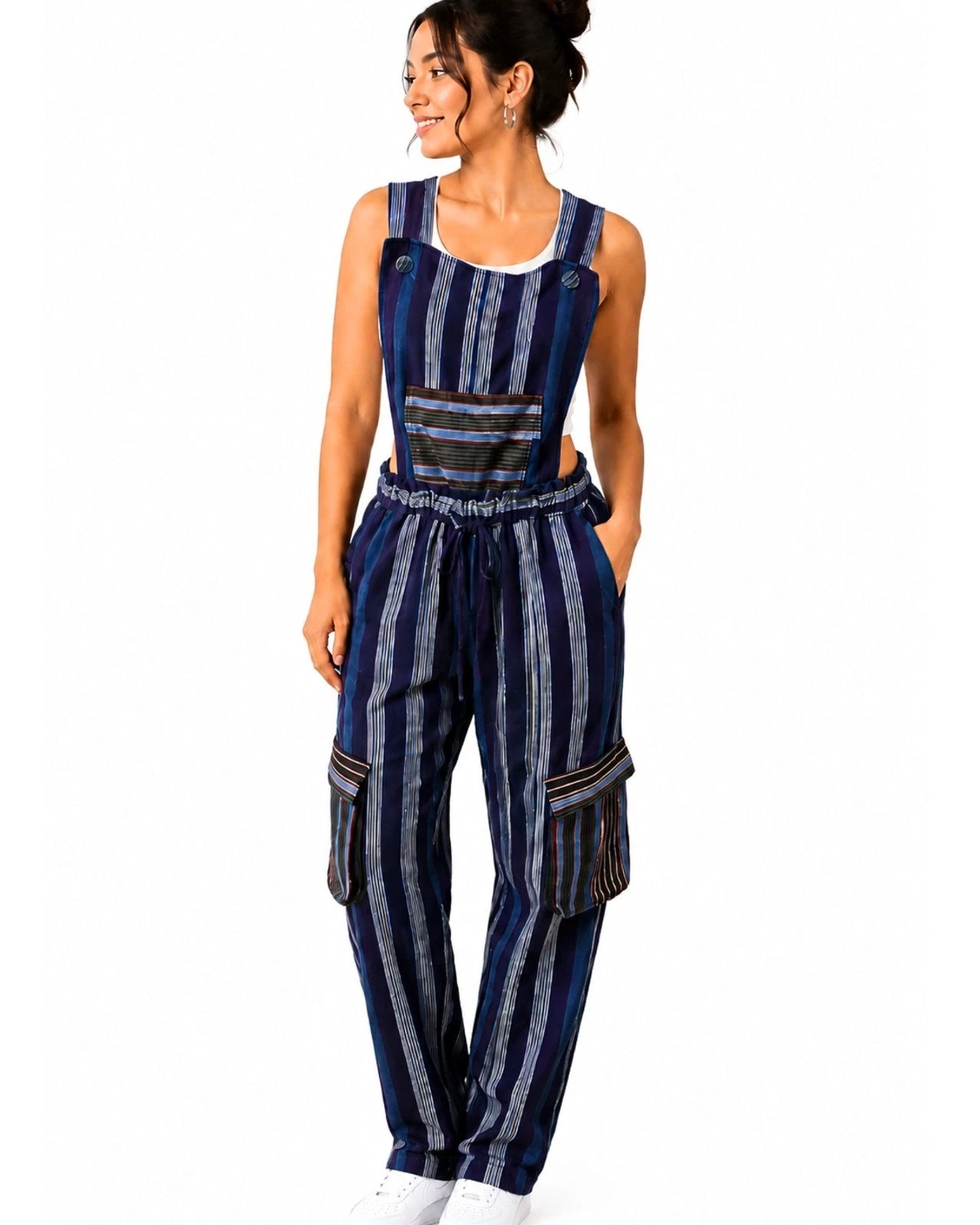 African Aso Oke Striped Overalls Blue Jumpsuit Romper Cargo Dungarees Boho Wide