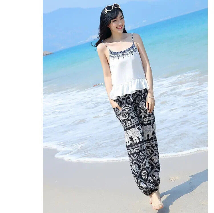 Women Summer Pants, Elephant Print Drawstring Free-size Beach Cotton Trousers