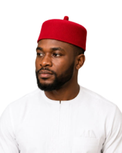 Men's Traditional Igbo Chief Red Cap Wool Felt Hat Muslim Prayer Cap