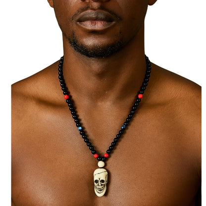 Black Beaded Human Skull Pendant Necklace - Handmade African Statement Jewelry