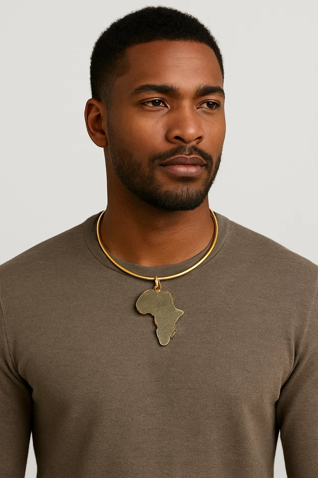 Gold Choker Necklace with Africa Map Pendant, Bold African Men Women Jewelry