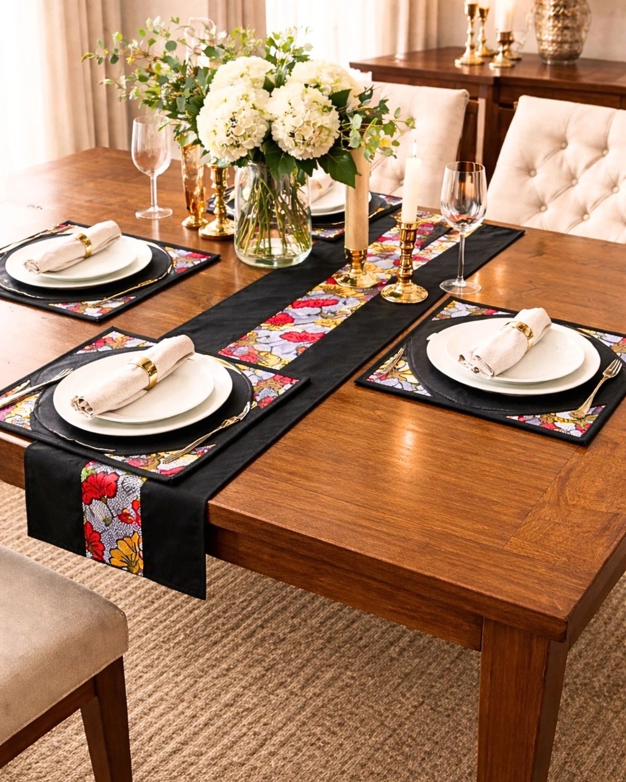 Ankara Print Set of 1 Table Runner & 4 Placemats, Home Dining Table Decor Set