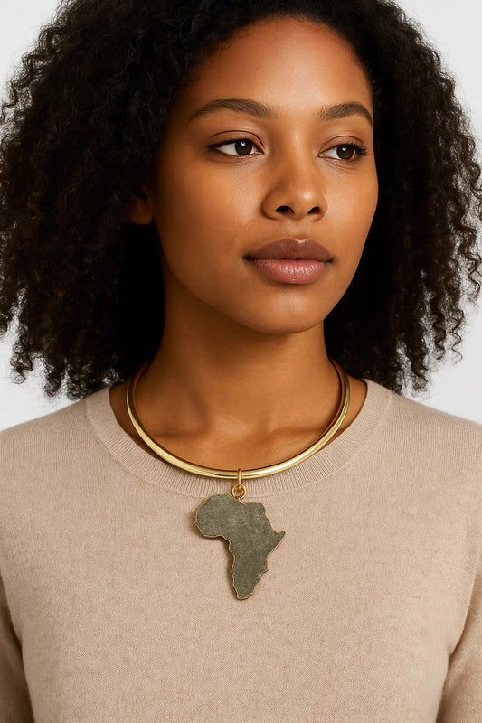 Gold Choker Necklace with Africa Map Pendant, Bold African Men Women Jewelry