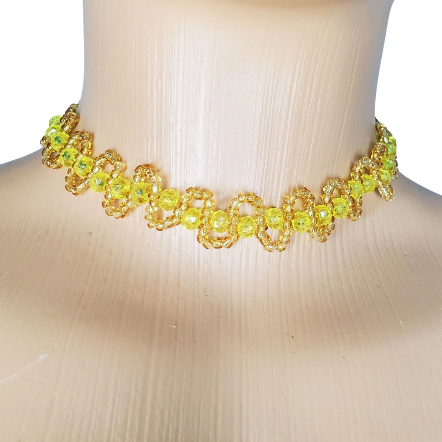 Glass Women Choker Necklace, Yellow/Lemon Beads Fashion Jewelry
