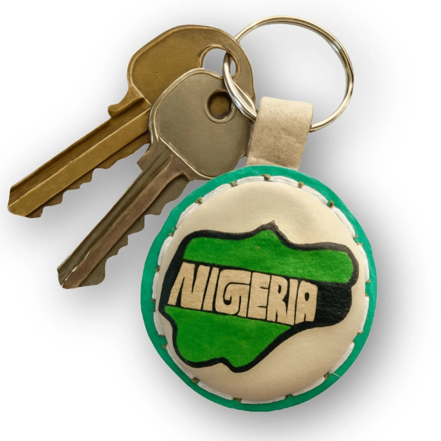 Nigeria Map Keychain, Handmade African Leather Key Holder Green Map Keyring
