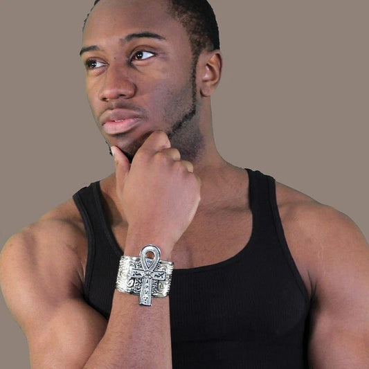 Ankh Cuff Silver Bracelet, Women Men Hand Bangle