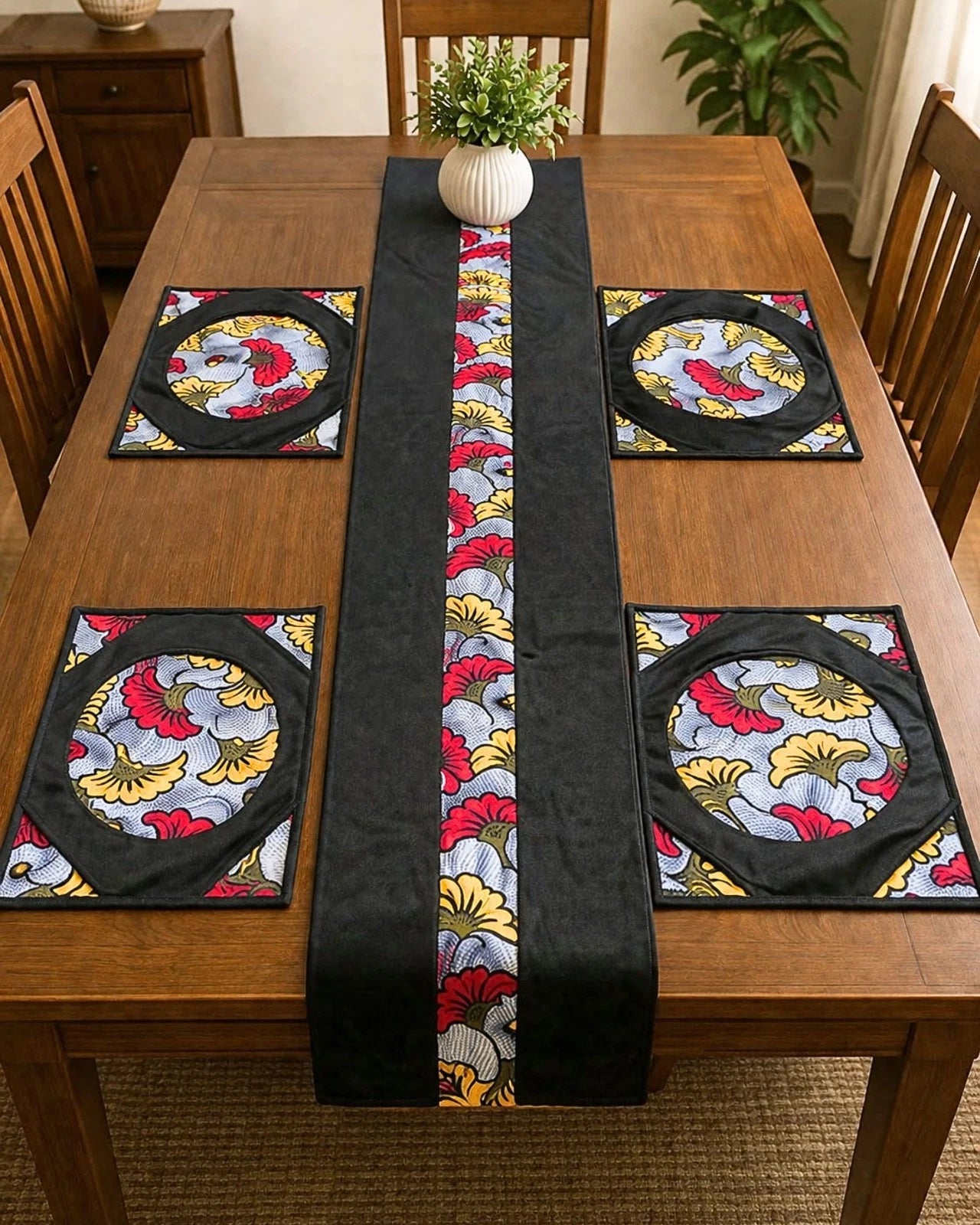 Ankara Print Set of 1 Table Runner & 4 Placemats, Home Dining Table Decor Set