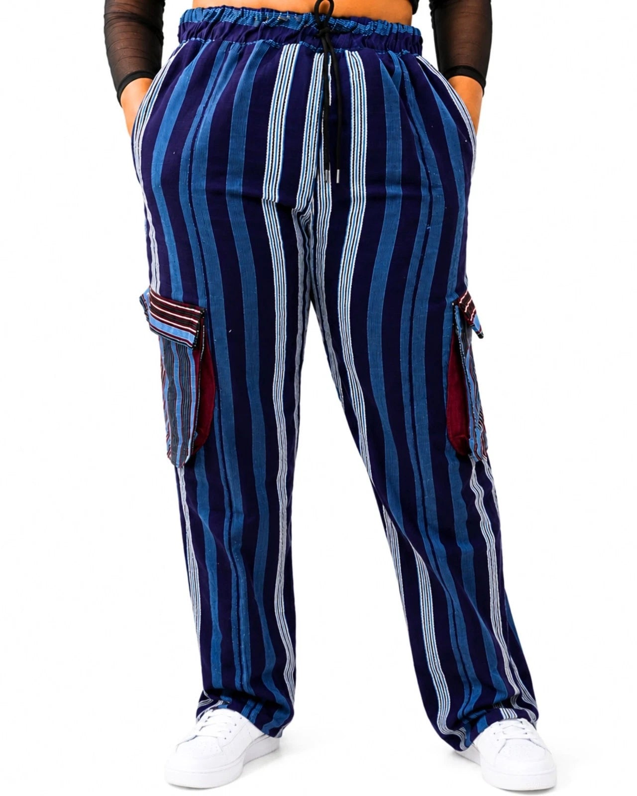 African Aso Oke Striped Cargo Pants Blue Boho Wide Leg Trousers with Drawstring Waist