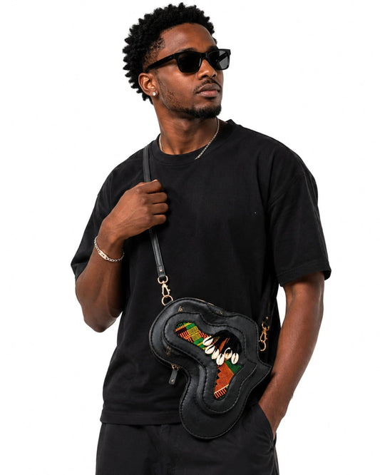 Black Brown African Map Crossbody Bag, Handbag with Kente Print & Cowrie Shell