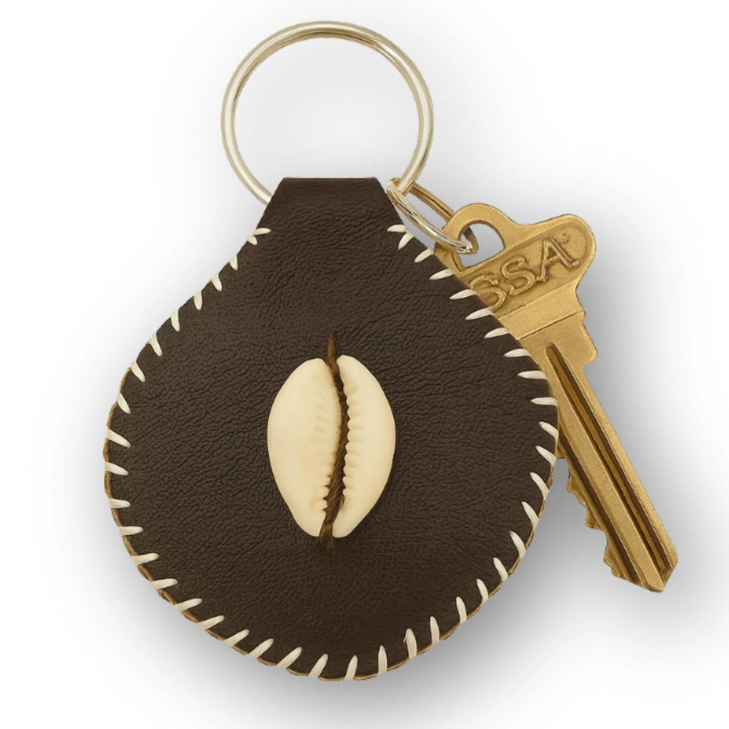 Genuine Leather Keychain with Cowrie Shell Accessory, Souvenir Keyring Keyholder