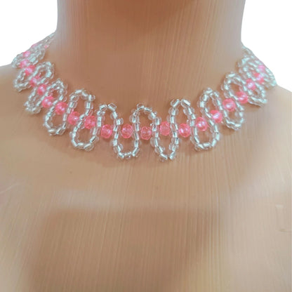 Glass Beads Choker Necklace and 2 Bracelet Set, Handmade Beaded Jewelry set